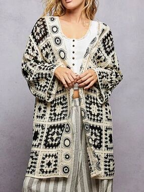 POL Crochet Open-Front Cardigan in Black and Cream